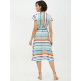 Womens multi-colored striped satin short sleeve knee-length dress