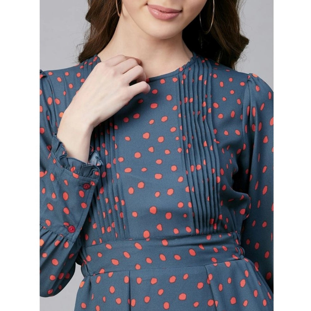 Grey polyester long-sleeved midi dress with a polka dot pattern
