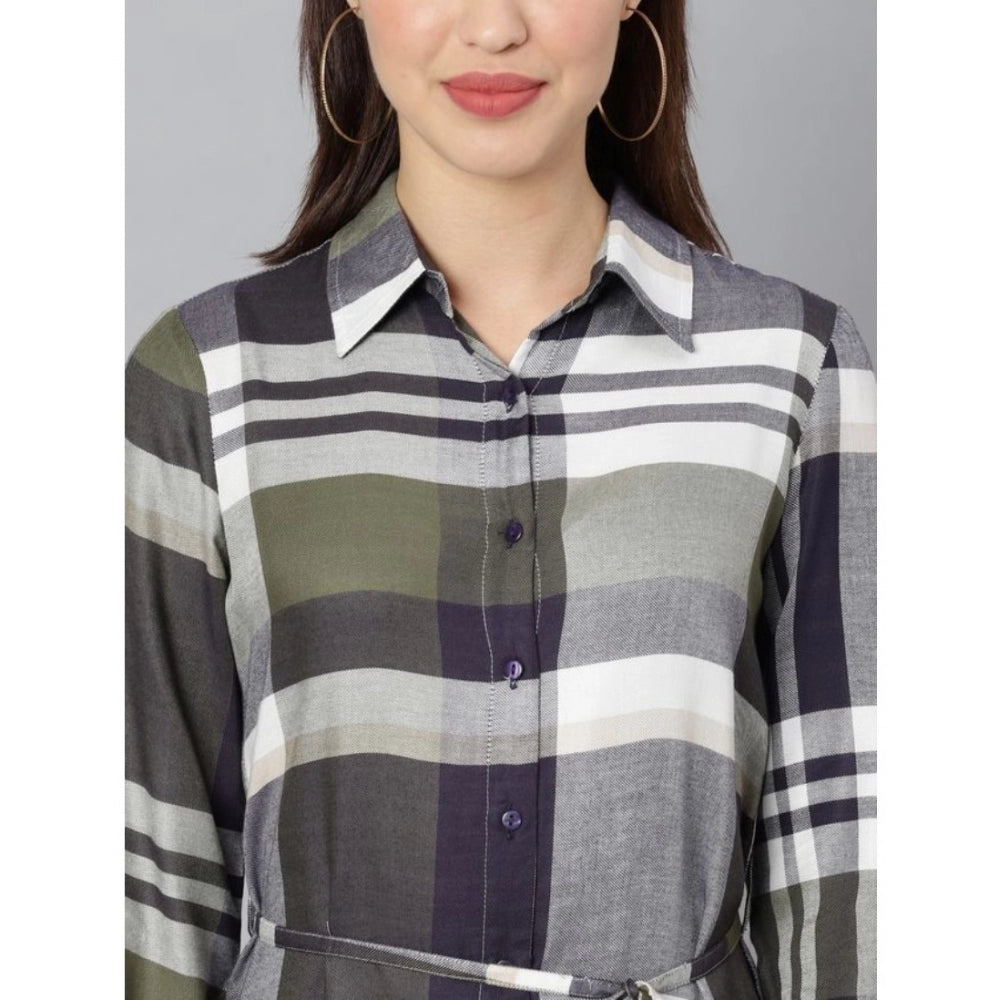 Long sleeved olive and white checkered dress with above knee length for women