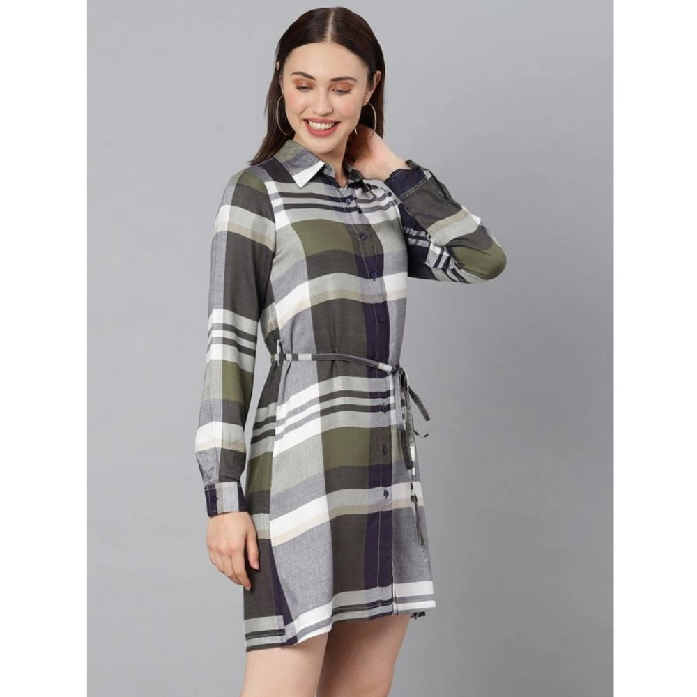 Olive and white checkered women's long sleeve dress, cotton material, above knee length