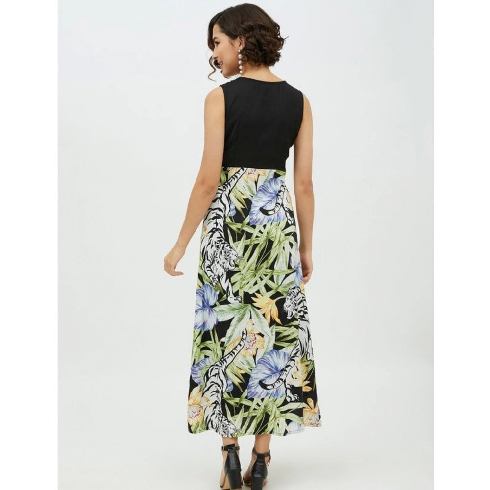 A rayon, multicolored, sleeveless, calf-length dress with a floral print
