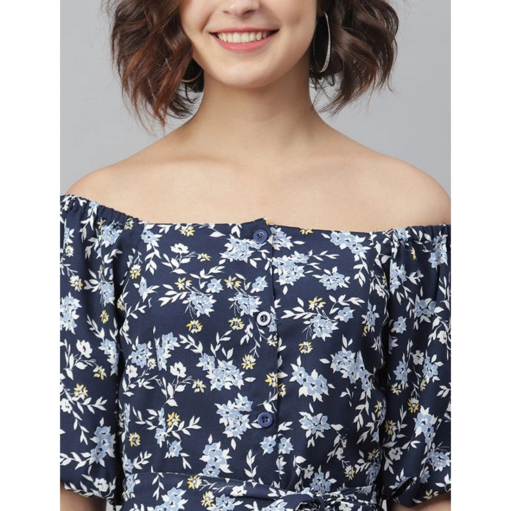 Blue polyester off-shoulder half-sleeve dress above knee