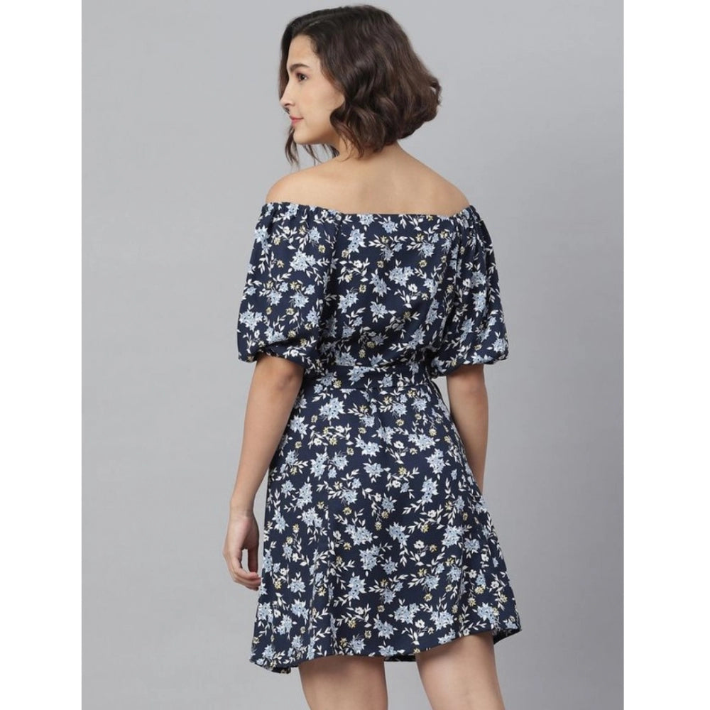 Blue polyester off shoulder half sleeve above knee women's dress
