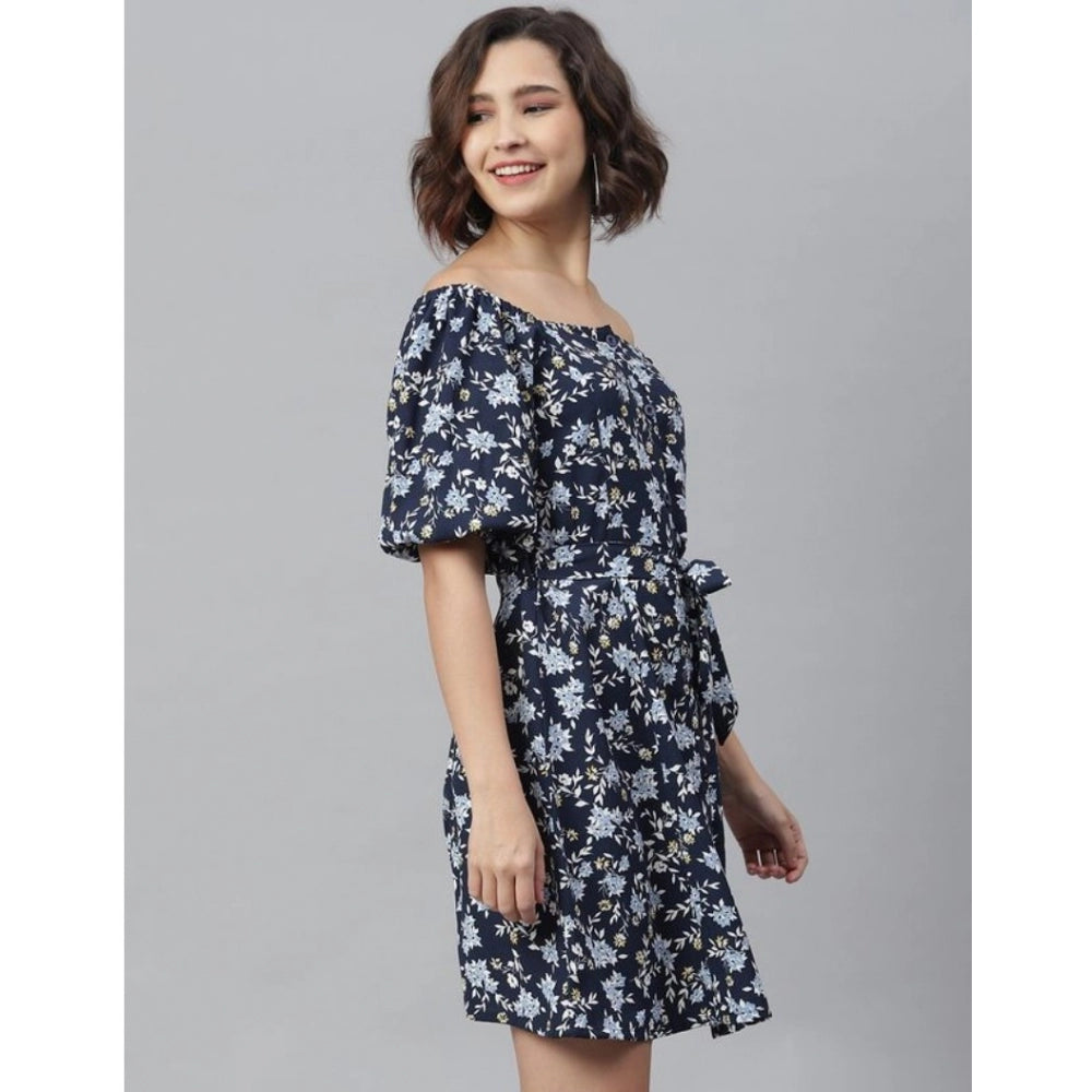 Womens blue off-shoulder polyester half-sleeve dress, above knee style