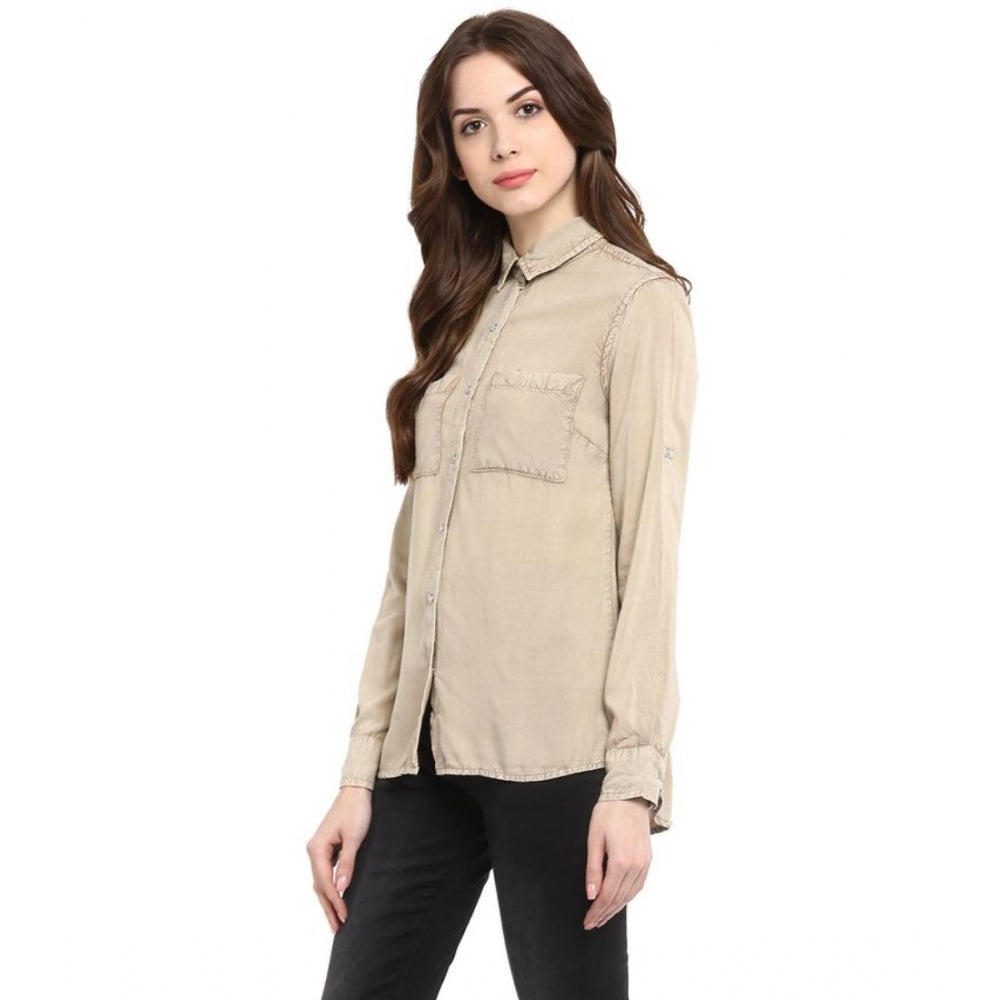 Beige rayon solid long sleeves shirt for women, standard length, collar neck type