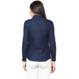 Blue denim patchwork long sleeve shirt for women, standard length