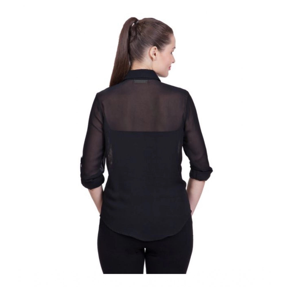 Black polyester printed roll up sleeve shirt with collar - stylish women's standard length top