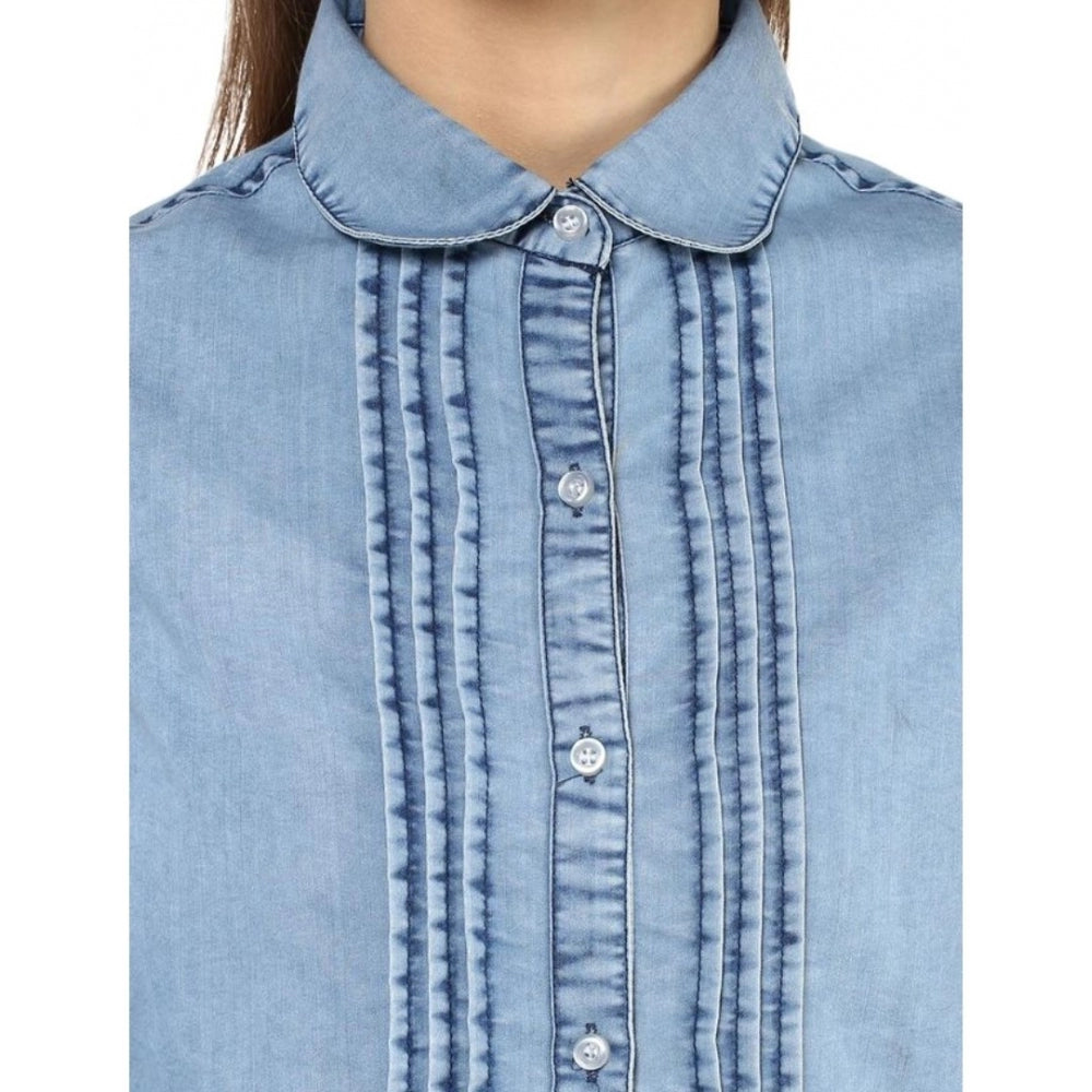 Blue denim women's solid 3/4th sleeves shirt on hanger