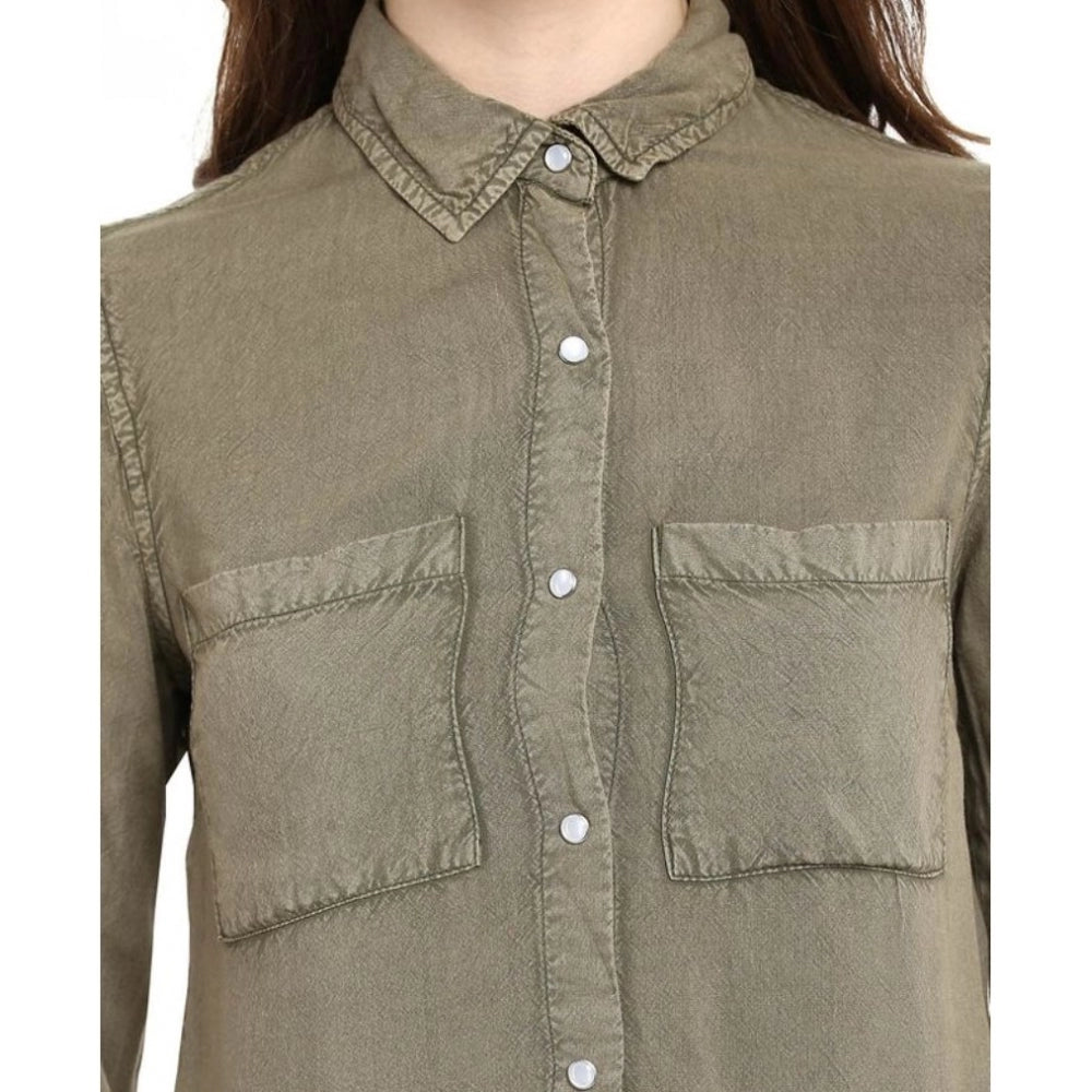 Olive green rayon solid long-sleeved shirt for women - standard length on model