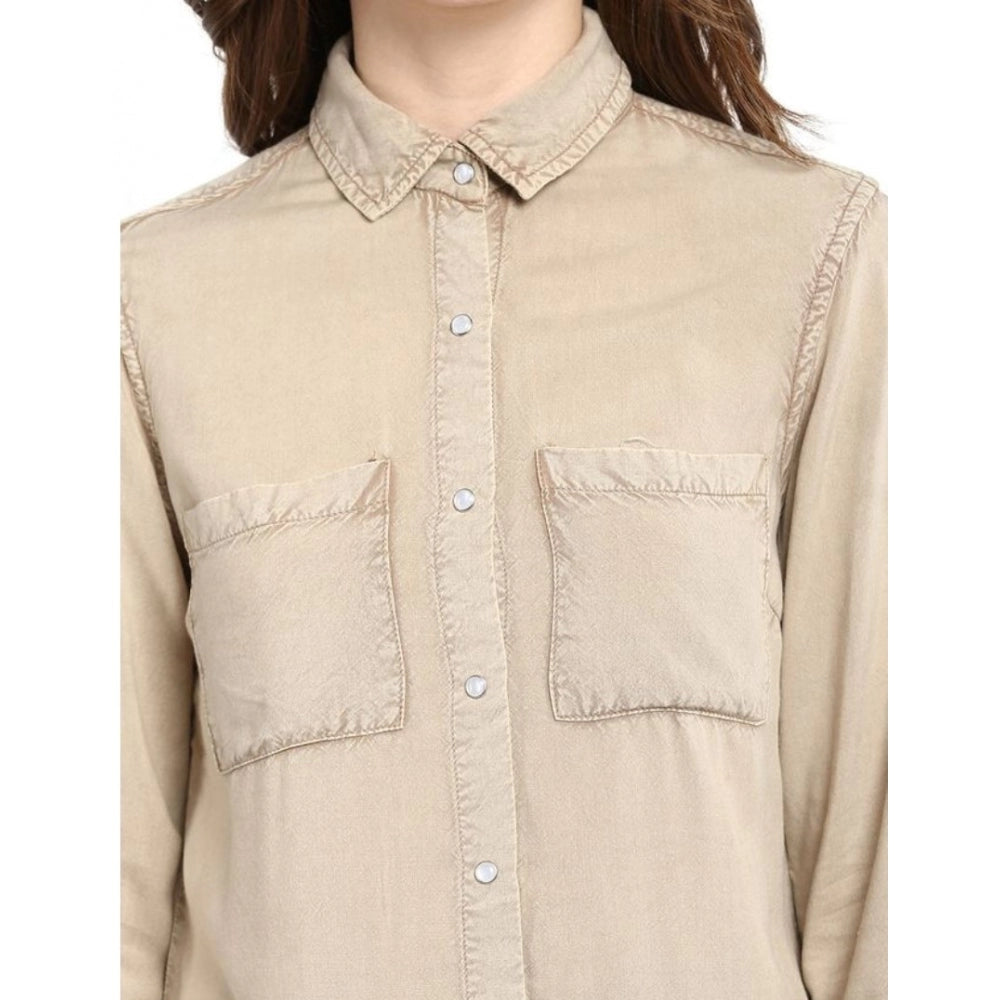 Beige rayon long sleeve shirt, solid pattern for women's casual wear