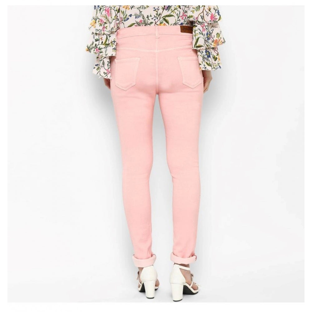 Pink denim women's solid buttoned jeans, versatile wardrobe essential
