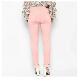 Pink denim women's solid buttoned jeans, versatile wardrobe essential