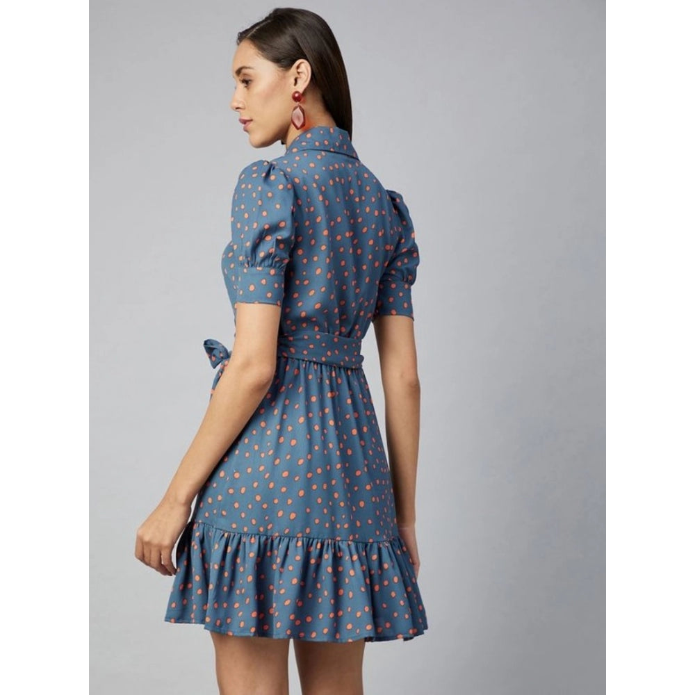 Women's short sleeve dress in grey coral polyester with ruffled waistband