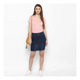 Blue denim stitching pattern buttoned skirt for women, casual fashion accessory