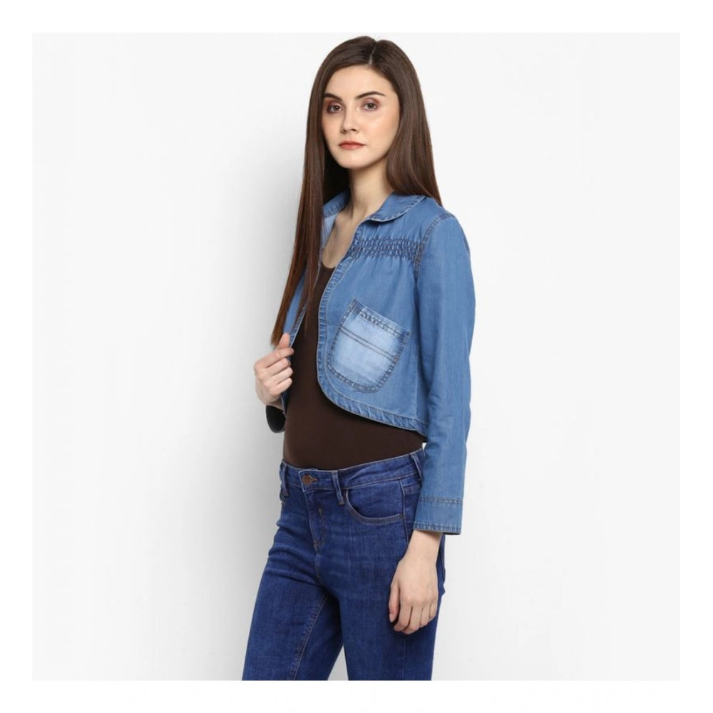 Blue denim smocking 3/4 sleeve shrug with collar, intricate smocking pattern on blue fabric