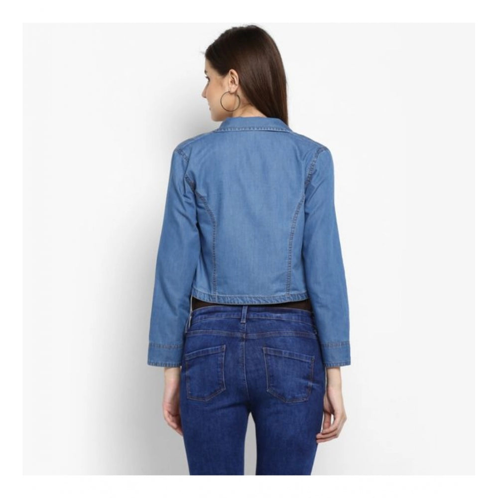 Blue denim smocking 3/4th sleeves shrug for women, featuring intricate smocking detail on front