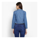 Blue denim smocking 3/4th sleeves shrug for women, featuring intricate smocking detail on front