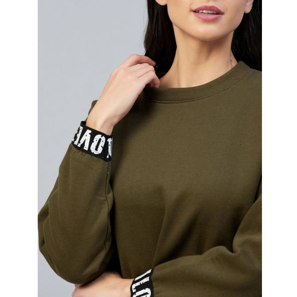 Olive fleece women's long sleeve solid sweatshirt, round neck