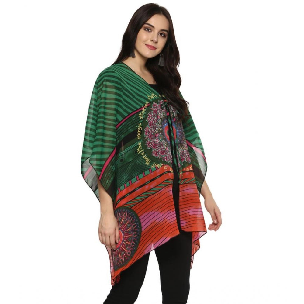 Green & Multicolor printed polyester kaftan sleeve shrug with V neck, fashionable summer wear for women on mannequin