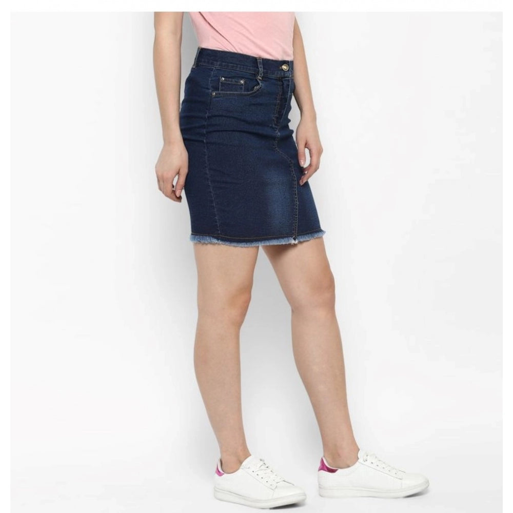 Blue denim stitching pattern buttoned skirt for women