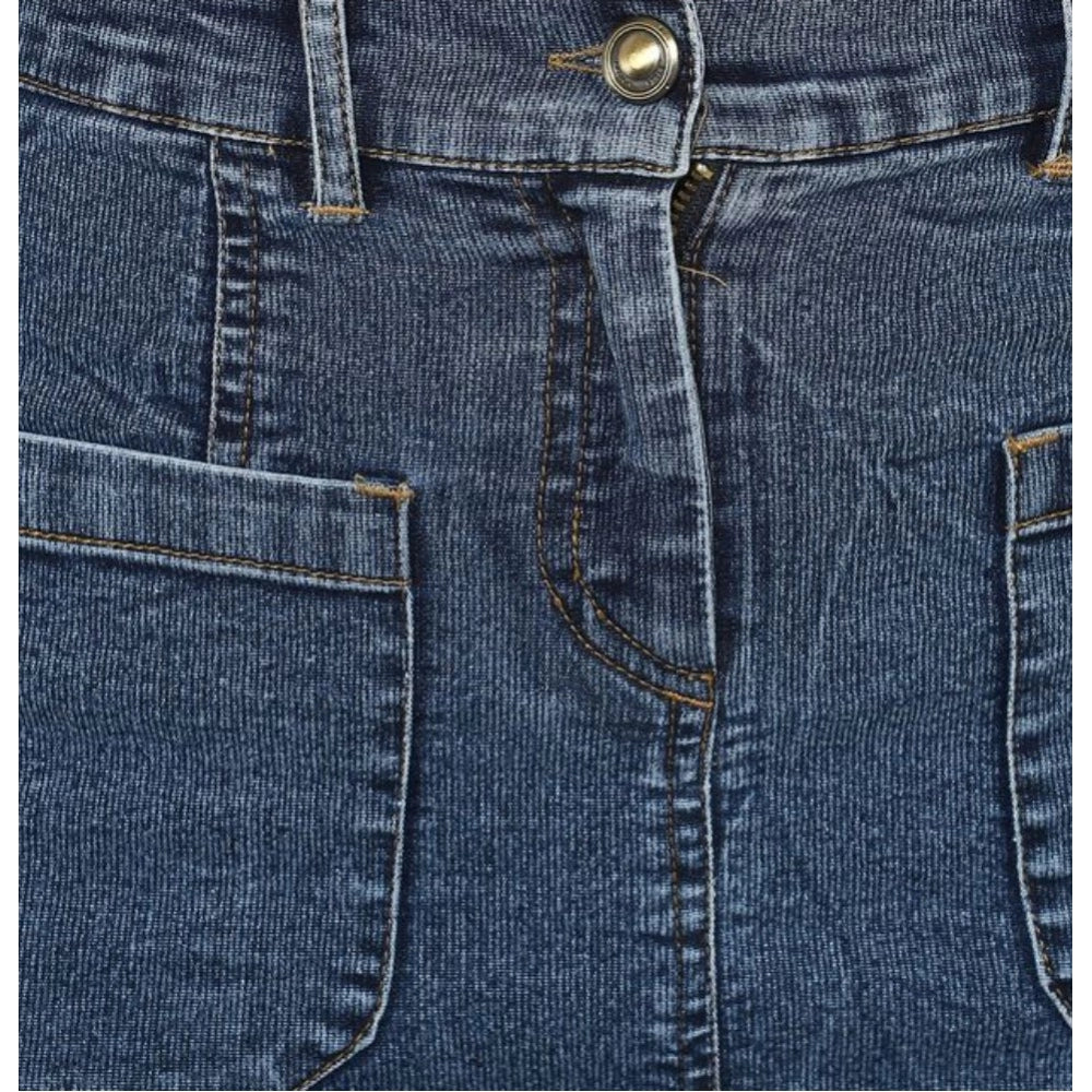 Blue denim front pocket buttoned skirt for women on clothing rack