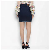 Blue denim distressed buttoned skirt, classic women's fashion with distressing pattern