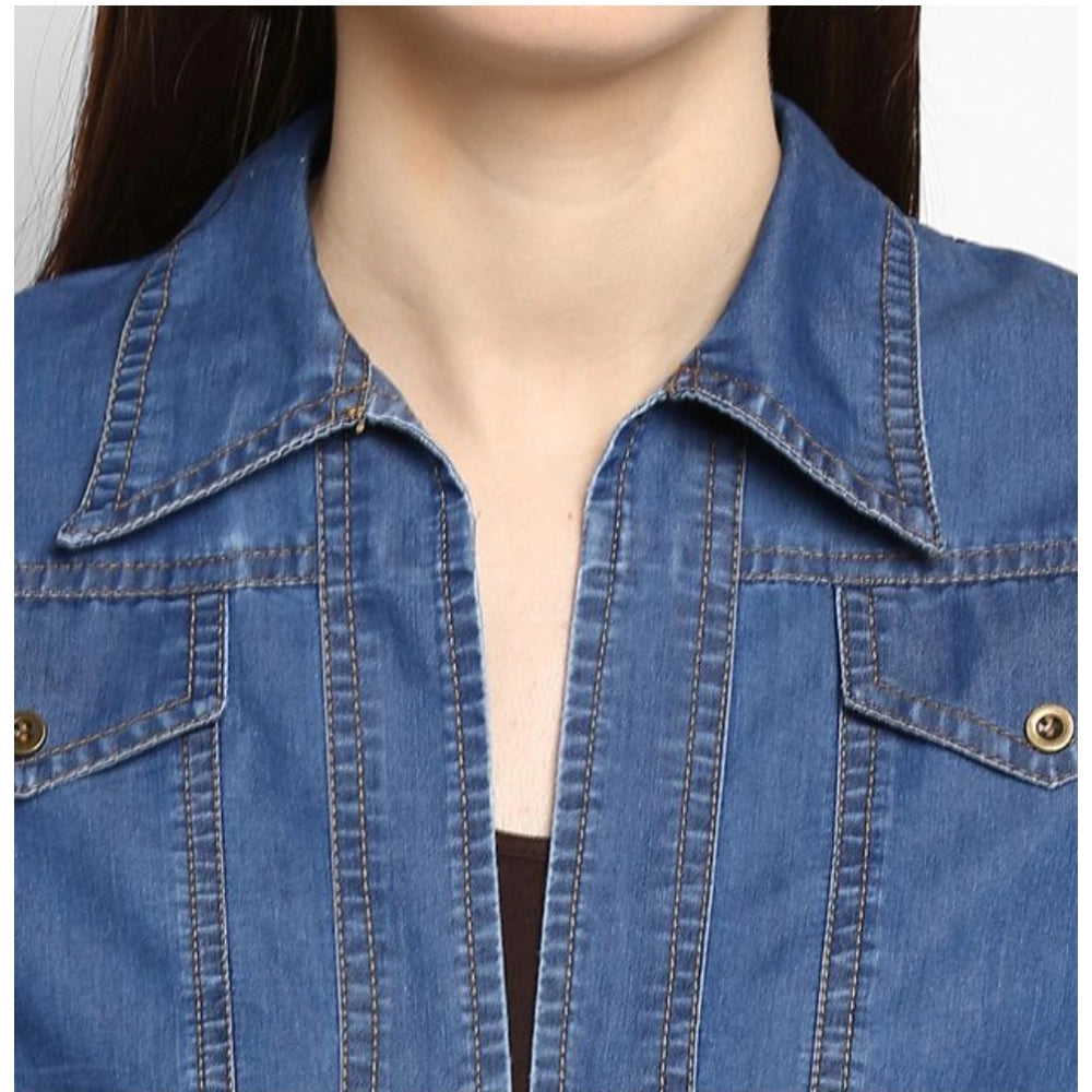 Blue denim women's 3/4th sleeves shrug, solid design with collar neckline