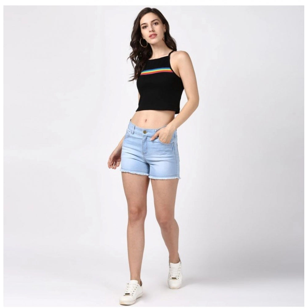 Blue denim women's solid buttoned shorts, durable denim for casual wear