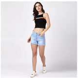 Blue denim women's solid buttoned shorts, durable denim for casual wear