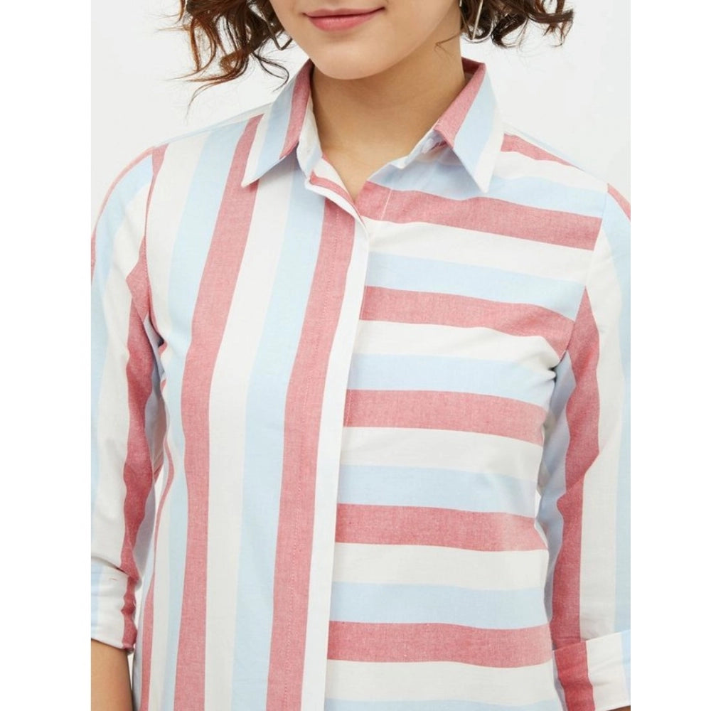 Pink cotton striped long sleeve standard length shirt for women
