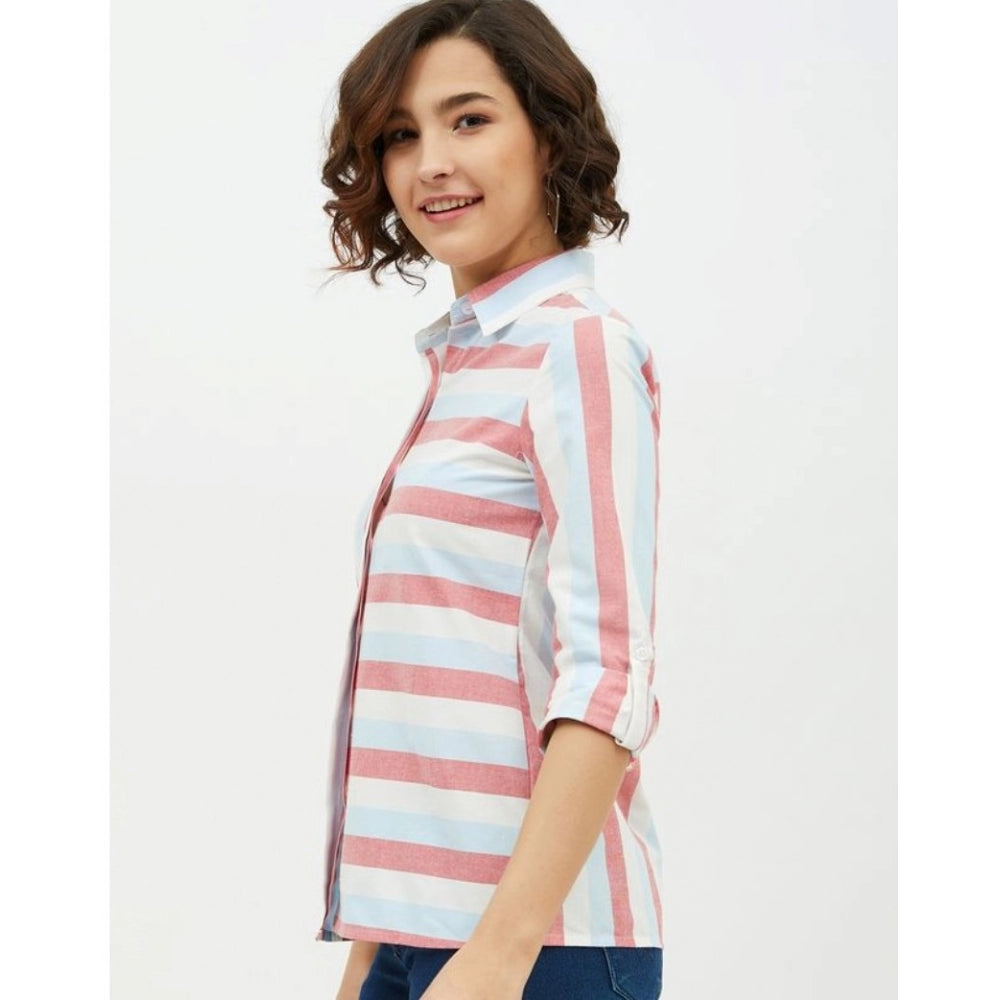 Pink cotton striped long-sleeve shirt for women, standard length on clothing rack