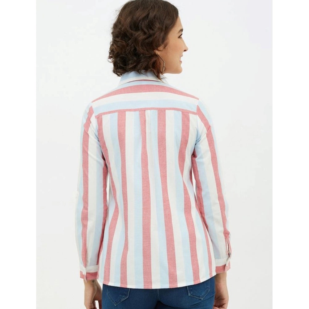 Pink cotton striped long-sleeve shirt on hanger for women's casual wear