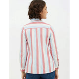 Pink cotton striped long-sleeve shirt on hanger for women's casual wear