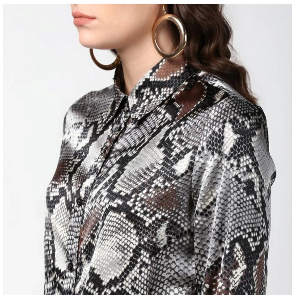 Black-Grey satin animal print long sleeve shirt, women's fashion wear on model