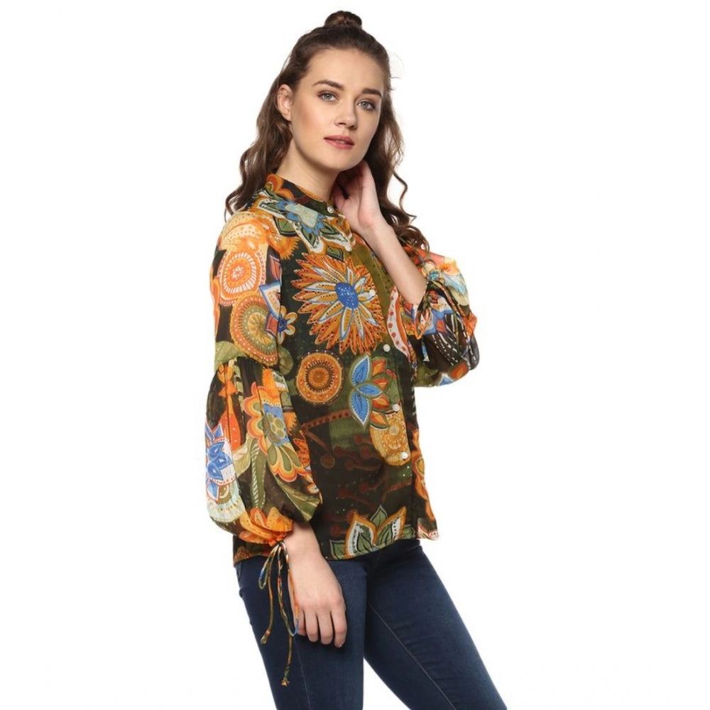 Women's polyester floral balloon sleeve top in mustard & olive, vibrant floral print on a collared blouse