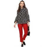 Black & White printed balloon sleeve top on woman, polyester material, balloon sleeve fashion