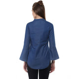 Blue Denim bell sleeve regular top with solid pattern and collar neck, worn by model for fashion inspiration