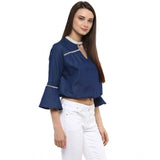 Blue polyester bell sleeve top with keyhole neck, solid pattern for women's fashion