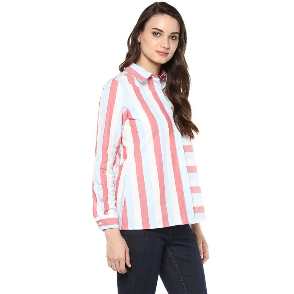 Women's red cotton striped roll-up sleeve regular top with collar, vibrant stripe design on display rack