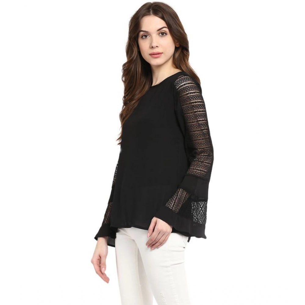 Black polyester georgette bell sleeve top with self-design pattern