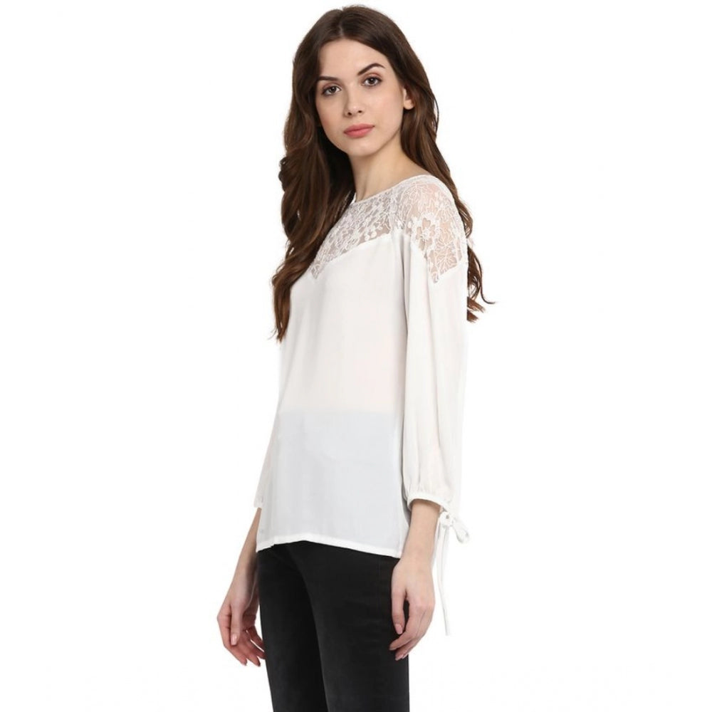 Women's white polyester Georgette self-design 3/4th sleeve regular top with round neck