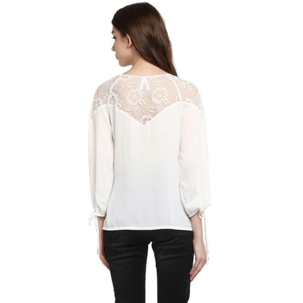 White polyester georgette self-design 3/4 sleeves regular top, round neck style