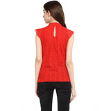 Red cotton lace embellished cap sleeve women's top for regular wear