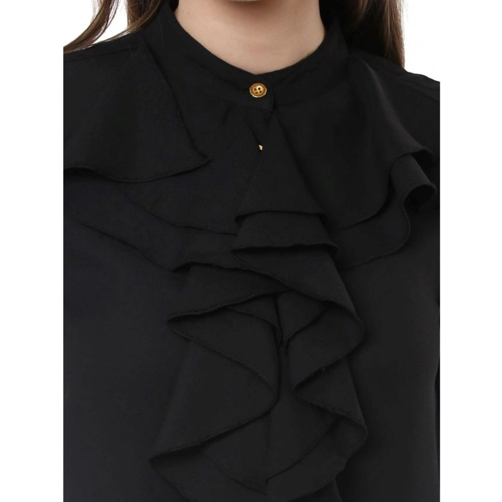 Black polyester ruffled long sleeves top with closed neck, fashionable for women's casual wear