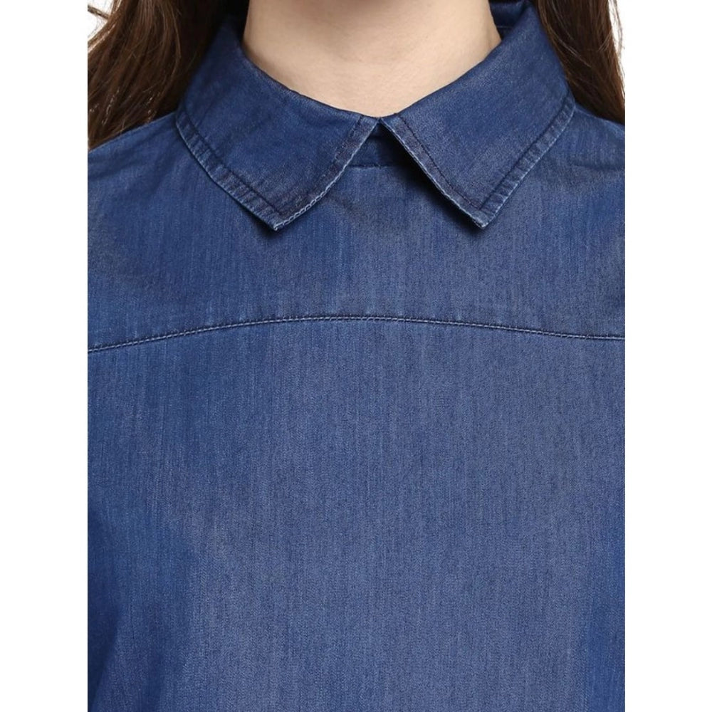 Blue denim solid cold shoulder women's top on model, stylish casual wear for women