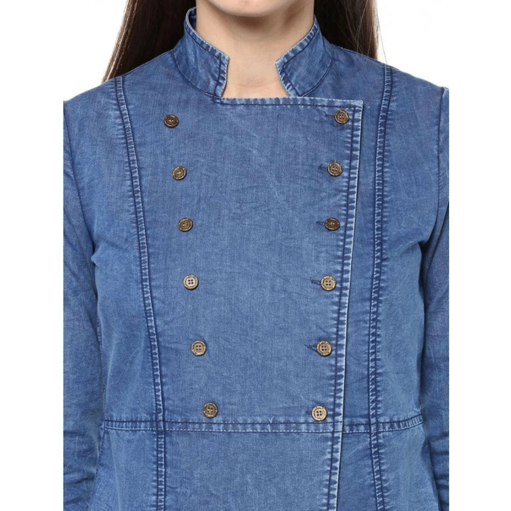 Blue denim solid 3/4th sleeves regular top for women