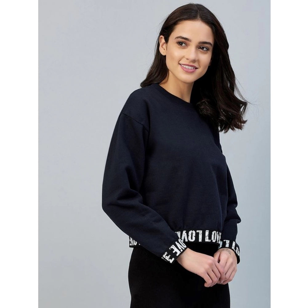 Navy fleece women's long-sleeve solid sweatshirt, round neck style for casual wear