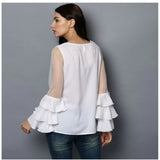 White polyester solid tier sleeve top for women, round neck style