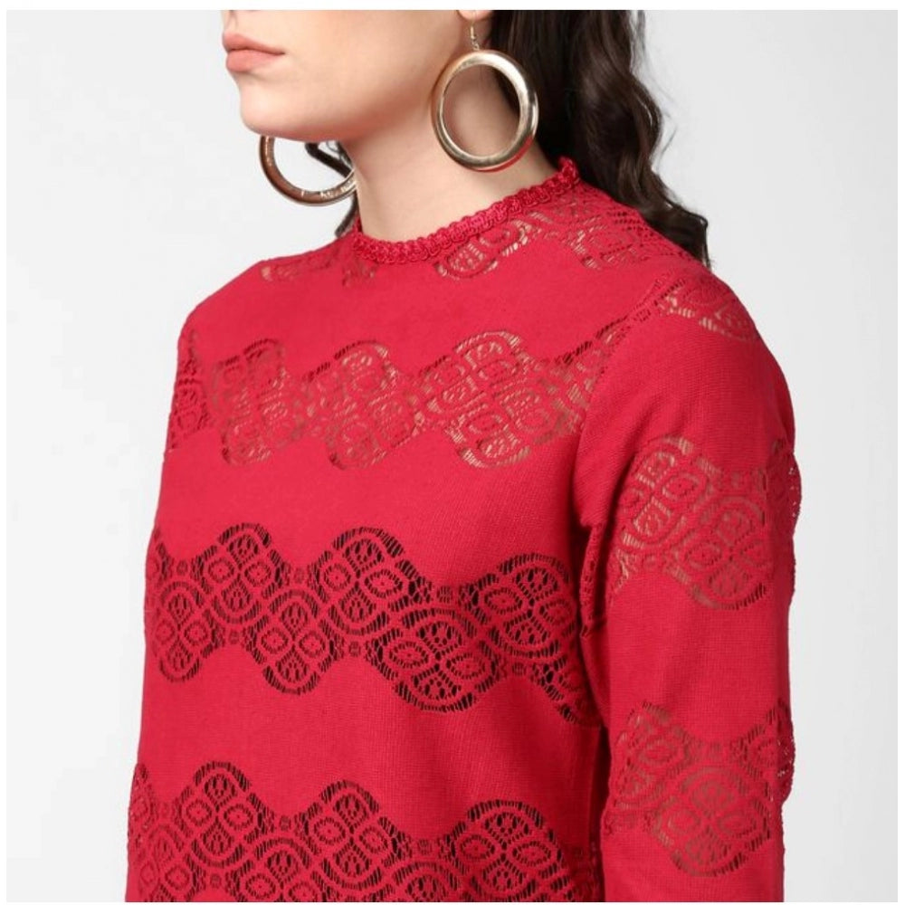 Maroon cotton long sleeves women's self-designed top, unique pattern and round neck style