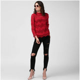 Maroon cotton long-sleeve top with self-design pattern, ideal for women's casual wear